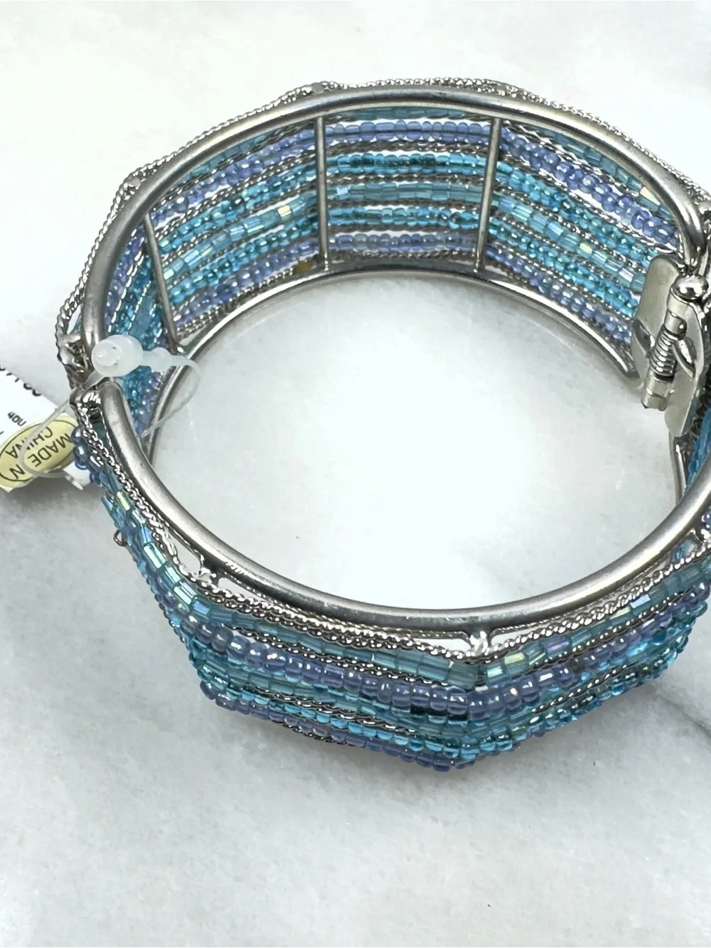 Silver-Tone Multi-Row Blue Beaded Cuff Bracelet